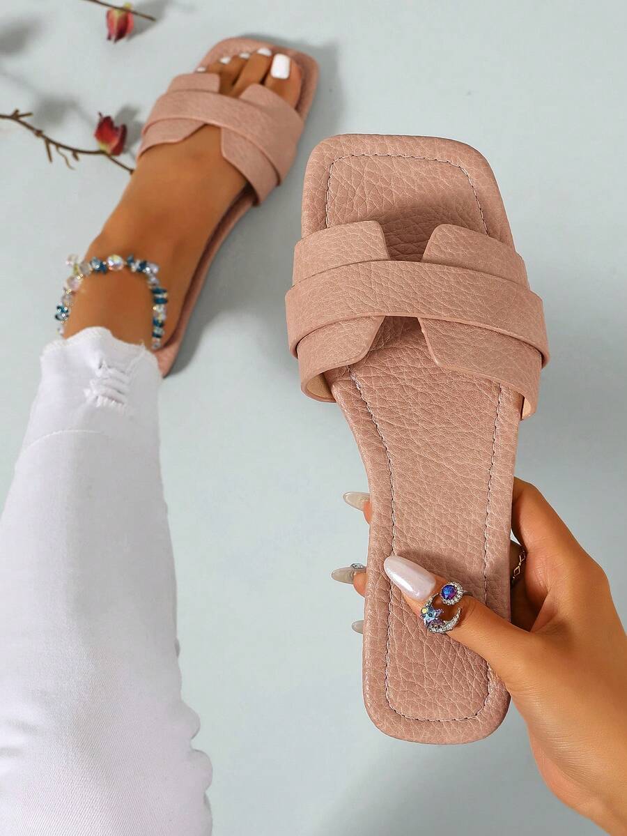 Ximi Ruo New Spring/Summer Fashion Casual Strap Slide Sandals, Comfortable Flat Heel Round Toe Slip-On Beach Slippers, Versatile Decorative Flat Sandals For Summer - Pink - View 1