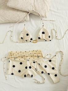 3 pièces Ensemble de bikini à pois beige, comprenant un maillot de bain pour homme, un bas sexy à lacets, une décoration ajourée en métal, convenant pour la piscine, la fête et les vacances d'été à la plage - Multicolore - Voir 7