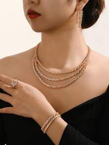 5 piezas Conjunto de joyería de collar de varios niveles de lujo. Material: Cobre y Circonita, incluye collar, anillo, aretes, pulsera. Adecuado para banquetes de señoras, bodas, estilo de Medio Oriente y Europeo, regalo del Día de San Valentín - Dorado - Ver 2