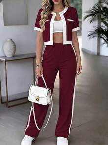 Women's New Cardigan Short Sleeve Jacket & Elastic Waist Loose Pants 2 Pieces Set, Casual Daily Wear, Spring/Summer - Wine Red 18 - View 3