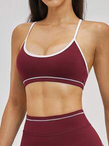 NcmRyu 1 set de sutien sport cu bretele spaghete și pantaloni scurți strâmți cu talie înaltă pentru femei, în culori contrastante - Burgundia - Vizualizare 7