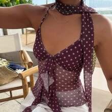 SUCHCUTE-Top Vintage con estampado de lunares y detalle de bufanda para mujer, Top sin mangas con empalme de malla, ropa de verano, camisola para fiesta Y2k - Morado - Ver 4