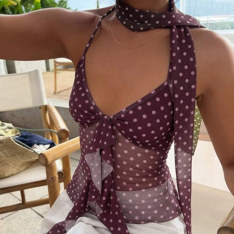 SUCHCUTE-Top Vintage con estampado de lunares y detalle de bufanda para mujer, Top sin mangas con empalme de malla, ropa de verano, camisola para fiesta Y2k - Morado - Añade 4