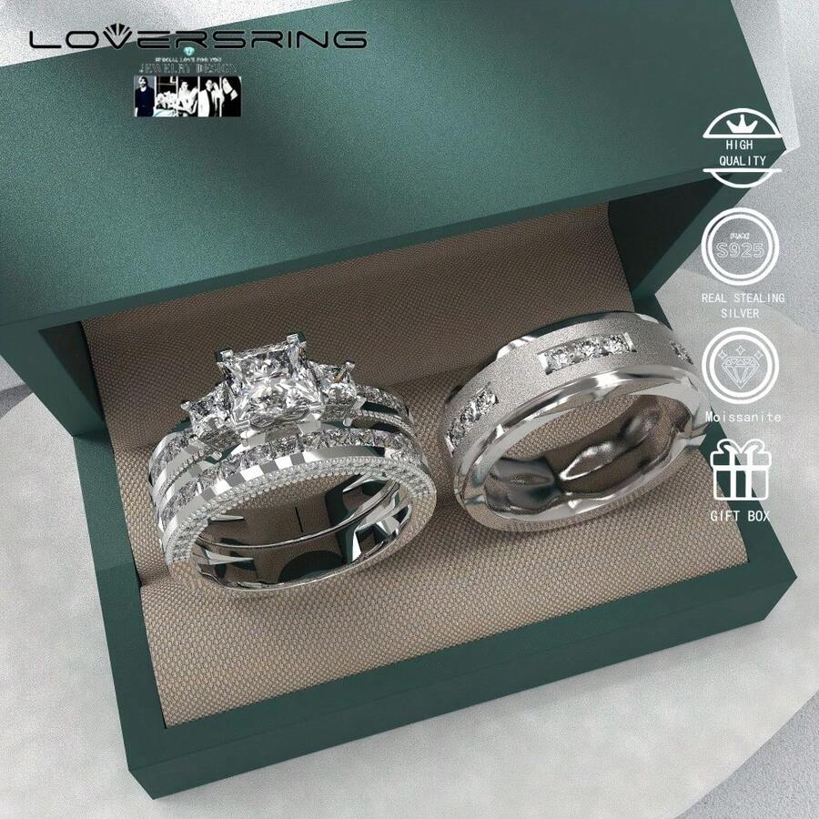 Bridal Sets Wedding Ring Sets His And Hers Promise Ring Couples Bridal Sets Women S925 Sterling Silvery Moissanite Man Wedding Bands With Couple Ring Box - trắng - Xem 1