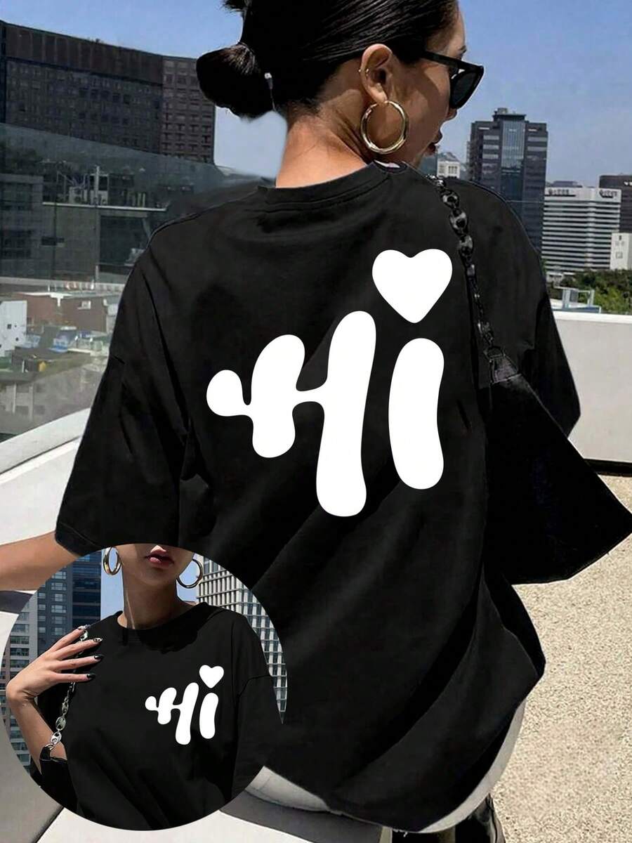 Front And Back Print Short Sleeve - Yi, Heart Pattern Printed Round Neck Short Sleeve T-Shirt - Fashionable Comfortable, Breathable Casual, Spring Summer  Versatile Classic Style Top-Koszulki - Black - View 1