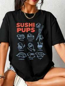 Sushi Pups Tshirt, Funny Dachshund Shirt, Japanese Cuisine Tshirt, Foodie Fift For Weiner Dog Mom, Gift For Her-Cozy Summer Essential & Casual Chic - 黑色 - 查看 9