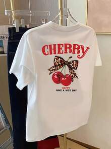 Short Sleeve T-Shirt With Front And Back Panels - Cherry And Leopard Print Design - Women's Printed T-Shirt For Spring/Summer, Fashion Item. - White - View 3