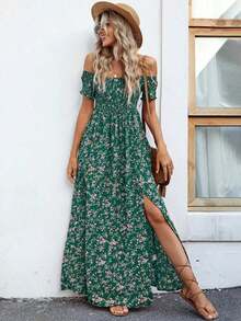 Vestido largo con abertura alta, estampado floral ditsy, hombros descubiertos, para vacaciones y playa, para mujer - Verde - Ver 1