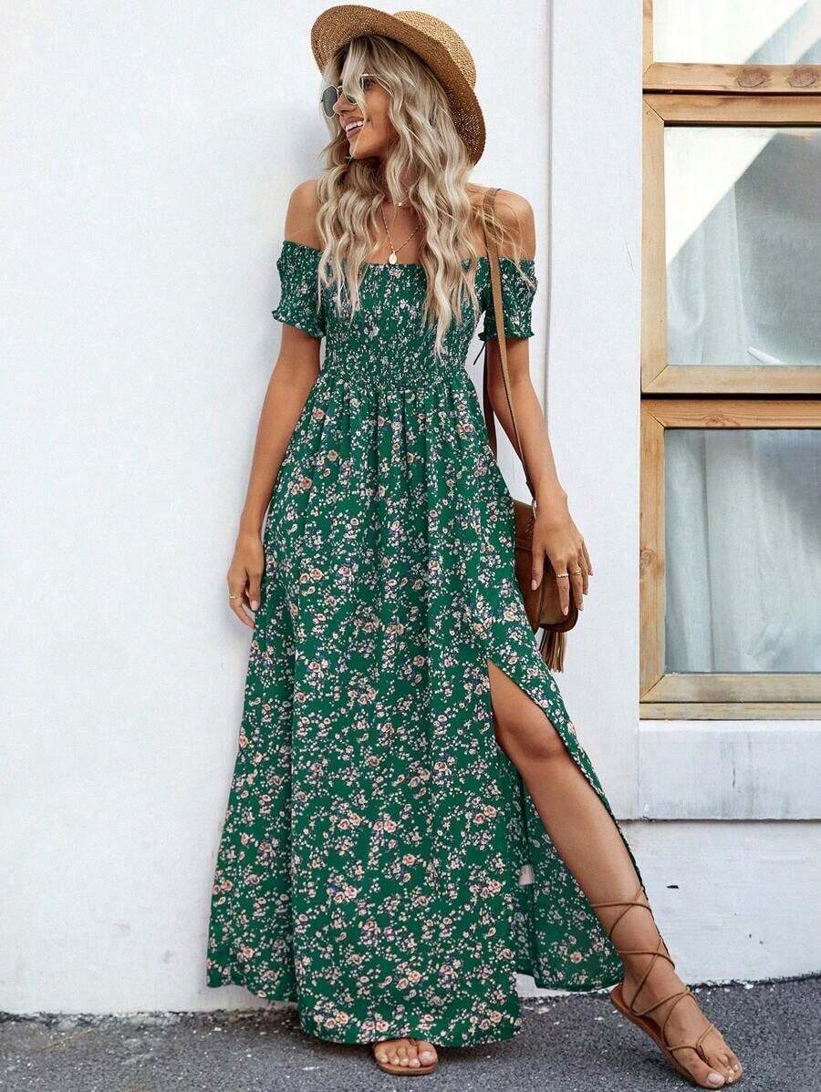 Vestido largo con abertura alta, estampado floral ditsy, hombros descubiertos, para vacaciones y playa, para mujer - Verde - Ver 1