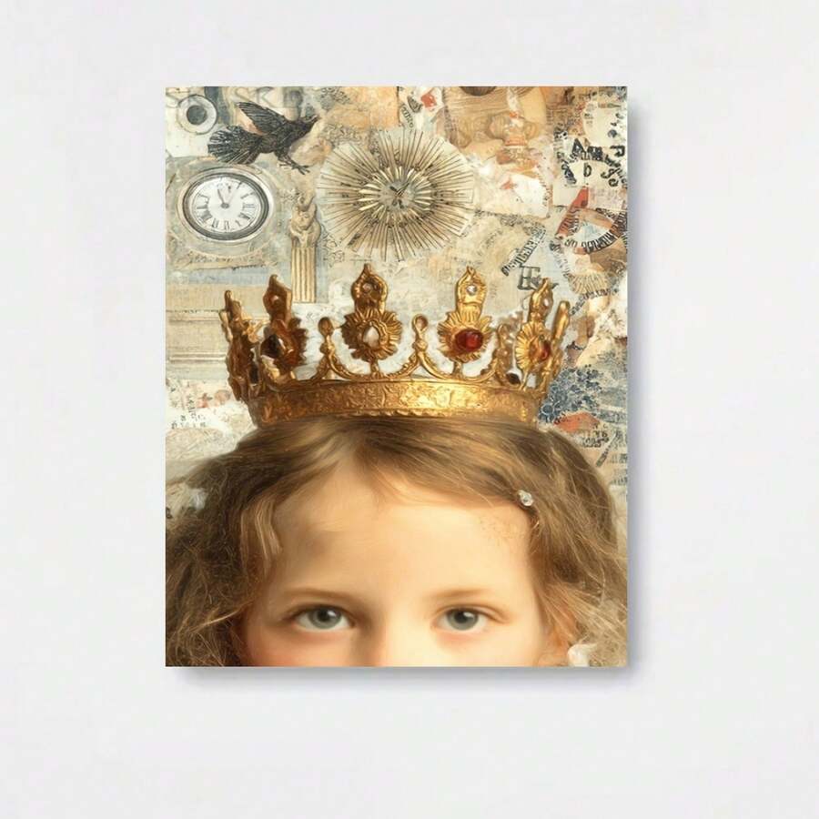 Cuadro de lienzo con marco de madera plano 2D, 1 pieza [Póster moderno], regalo de Pascua, el regalo perfecto de graduación, decoraciones de Halloween, retrato de niña con corona dorada contra fondo de collage retro - Enmarcado - Ver 1