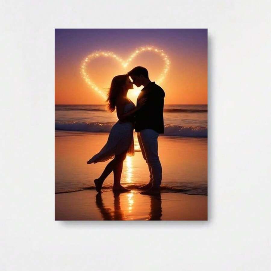 1 pieza de arte romántico que muestra una pareja en la playa durante el atardecer, iluminada por luces en forma de corazón y detalles de diamantes - Enmarcado - Ver 1