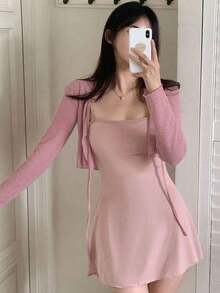 Set de 2 vestidos de mujer, color rosa, para primavera/verano/otoño, ropa de los 90, vestidos casuales de mujer, ropa de mujer para otoño con vestido de manga larga - Rosa - Ver 3