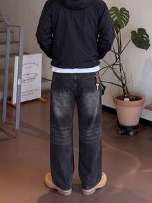 Y2K复古风男士黑色水洗宽松阔腿牛仔裤，直筒宽松牛仔裤，送给老公、男友的完美礼物 - 黑色 - 查看 2