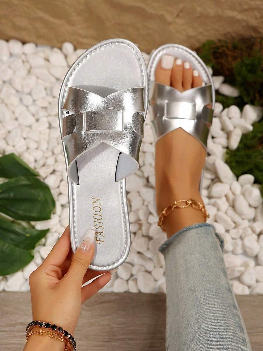 Sandal đế bằng hở mũi, đế dày, thoải mái dành cho nữ, giày đi biển thường ngày. - Bạc - Xem 1