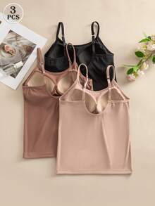 3pcs/Pack Multi-Color Solid Color Underwear Tank Tops, Fixed Cup Adjustable Shoulder Straps, Soft Suit-Like Fabric Layering Camisole - Multicolor - View 3