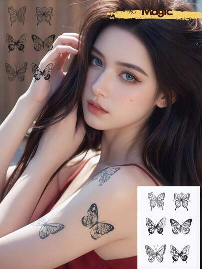 1 Tờ hình xăm dán thảo dược với 6 thiết kế hình bướm khác nhau; Phù hợp cho cả nam và nữ; Không thấm nước và bền lâu.