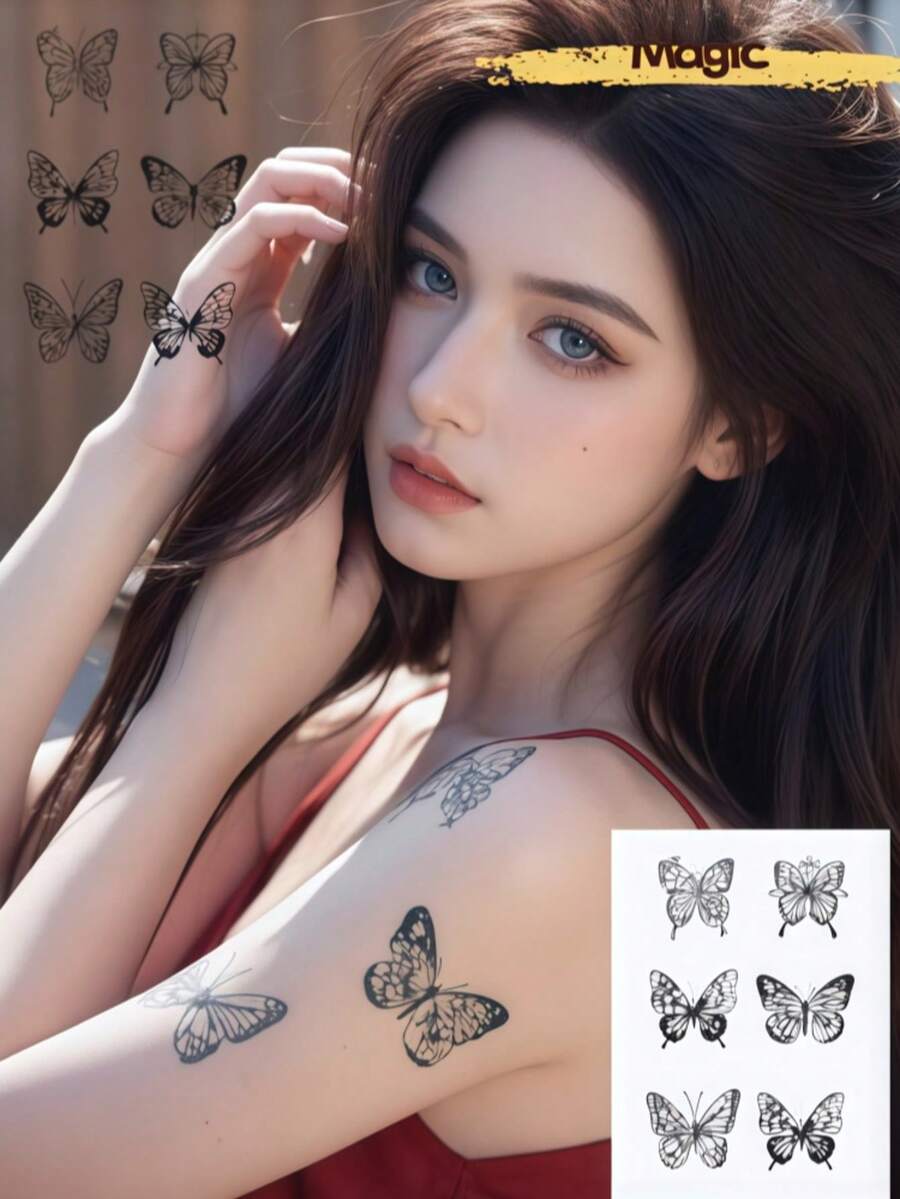 1 张草药纹身贴纸，包含 6 种不同的蝴蝶图案；男女皆宜；防水持久。 - 黑色 - 查看 1