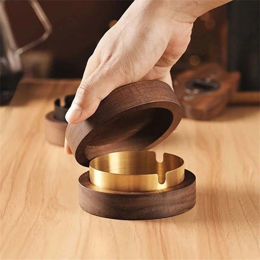 1 gạt tàn bằng gỗ có nắp, gạt tàn tròn sáng tạo dùng cho gia đình, văn phòng, xe hơi, thiết kế chống tro bụi.