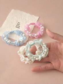 Phụ kiện búi tóc thanh lịch năm 2026, dây buộc tóc lưới organza đính ngọc trai kiểu INS. - Nhiều màu - Xem 3