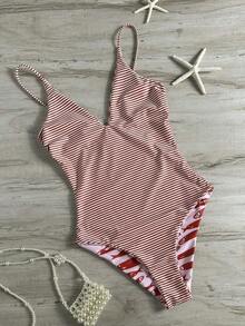 Swim Mod Traje de baño de una pieza con tirantes ajustables y reversible con base amarilla y lunares marrones + rayas marrones y amarillas, Primavera/Verano 2026 - Multicolor - Ver 8