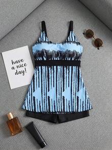 Tankini Swimsuit For Women Bathing Suits High Waisted Tummy Control Boy Shorts Swimwear A-Line Skirt Top Black Blue Stripe Printed Full Coverage - 薄荷藍 - 查看 6