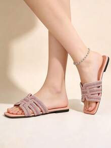 New Fashionable Minimalist Slippers, Square Toe Comfortable Classic Solid Color Sandals, Spring/Summer Elegant Women's Shoes, Non-Slip Suitable For Indoor/Outdoor, Travel, Beach, Shiny Criss-Cross Roman Design - Pink - View 2