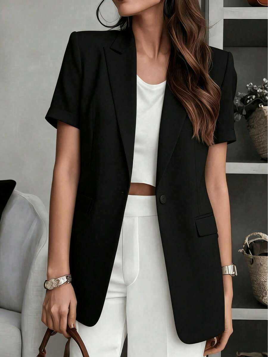 Women's Short Sleeve Solid Blazer, Collared Front Button Pocket Jacket, Business Casual For Office, Commuting, Home, Daily, Spring Summer Fall Black - Black - View 1