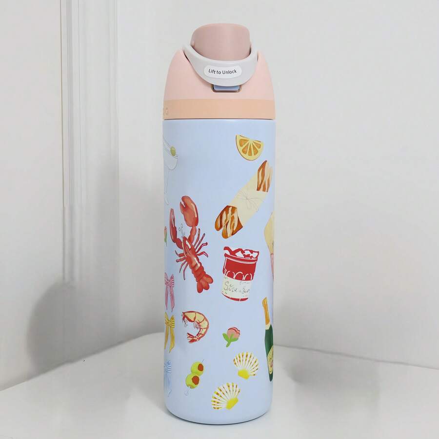Fun Summer Lobster & Champagne Print Insulated Water Bottle, Double Wall Vacuum Insulated Cup - 淺藍色 - 查看 1