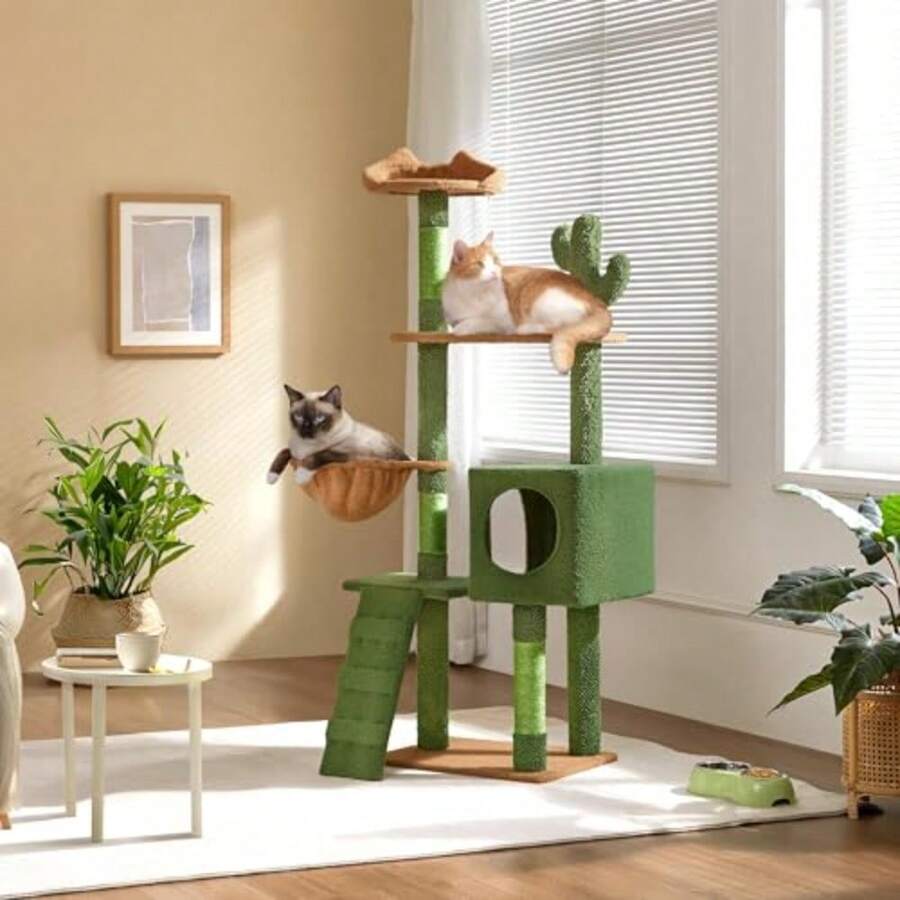 Cactus Cat Tree 59.5in Cat Tower W/Cute Perch Cozy Condo Convenient Climbing Ladder Moppy Fabric-Covered Cat House For Indoor Cats Green/Brown - như hình - Xem 1