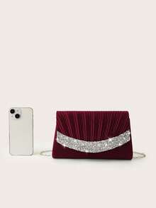 REMANLAND Shiny Pleated Mini Clutch. Sparkling And Charming Rhinestone Decoration, Elegant And Fashionable Envelope-Style Handbag, Suitable For Parties, Weddings, Galas And Gatherings. An Ideal Choice For Women Attending Parties, Weddings, Graduations And Banquets. - Burgundy - View 7