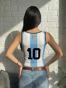 Áo hai dây không tay bằng lưới kiểu Argentina dành cho nữ, dáng ôm thể thao, thích hợp cho mùa hè và mùa xuân, trang phục dự World Cup cho nữ. - Xanh và trắng - Xem 4