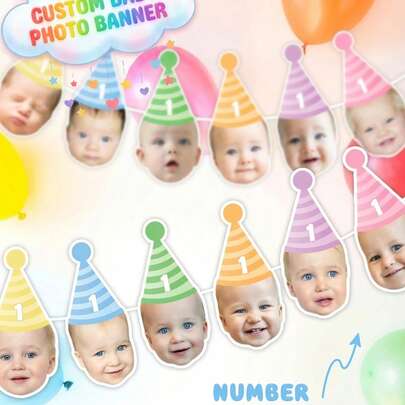 7/14/21pc Banner sinh nhật một tuổi chủ đề khuôn mặt em bé tùy chỉnh - Vòng hoa ảnh cá nhân hóa, Banner ảnh Chúc mừng sinh nhật tùy chỉnh, Banner sinh nhật nhiều màu sắc, Banner ảnh, Banner khuôn mặt sinh nhật, Tiệc sinh nhật một tuổi, Banner tiệc chủ đề khuôn mặt