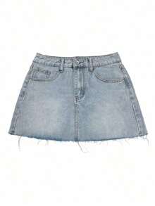Minifalda casual de verano con diseño de corazón, cintura alta, ajuste delgado y denim desgastado estilo Y2K - Azul y blanco - Ver 5