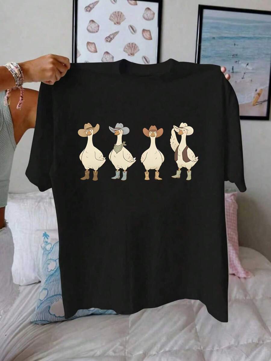 大码女式夏季鸭子印花休闲简约宽松日常舒适时尚圆领短袖大码T恤上衣 黑色 - 黑色 - 查看 1