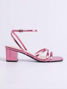 Sandal cao gót hở mũi kiểu tối giản dành cho nữ, sandal La Mã mũi vuông gót thấp đa năng thời trang mùa hè mới cho kỳ nghỉ - Màu Hồng Tươi - Xem 3