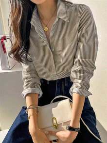 Lindo cárdigan de manga larga con botones y rayas azules, blusa/parte superior casual elegante vintage para mujer, adecuado para primavera/verano, días festivos/Día de San Valentín - Marrón - Ver 1