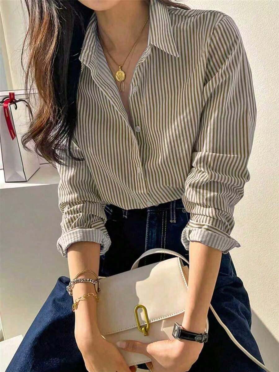 Lindo cárdigan de manga larga con botones y rayas azules, blusa/parte superior casual elegante vintage para mujer, adecuado para primavera/verano, días festivos/Día de San Valentín - Marrón - Ver 1