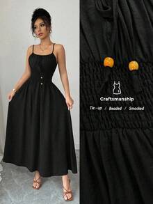Vestido cómodo de verano y primavera de fibra de lino color café con lazo frontal y cintura con lazada, estilo casual y fluido - Negro - Ver 9