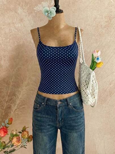 Temptaria Women's Fashion Navy Blue Polka Dot Print Round Neck Fitted Casual Vacation Sexy Camisole Top, Beach Outfit Summer