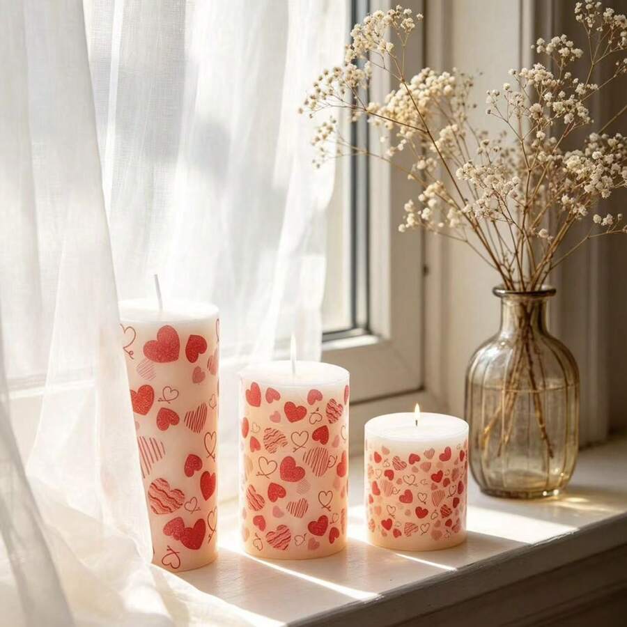 1/3 Packs White Printed Pillar Candles With Pink Heart Pattern - 3"Tall 2" Diameter, Dripless Smokeless Unscented Candles ForHome Decor, Valentine's Day, Wedding Centerpieces - A - View 1