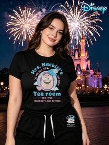 Disney Official Licensed | Toy Story Buzz Lightyear "Mrs. Nesbitt's Tea Room" Print Women's Casual Short Sleeve T-Shirt & Shorts Set - Funny & Playful Style, Soft Breathable Fabric, Crew Neck, Ideal For Vacation, Travel & Daily Casual Wear - 黑色 - 查看 1