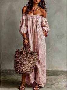 2026 Spring, Summer, Autumn New Elegant Women's Dresses Beige Striped Off-Shoulder Maxi Dress, Puff Sleeve Loose Casual Linen-Blend Beach Dress - 藍色 - 查看 8