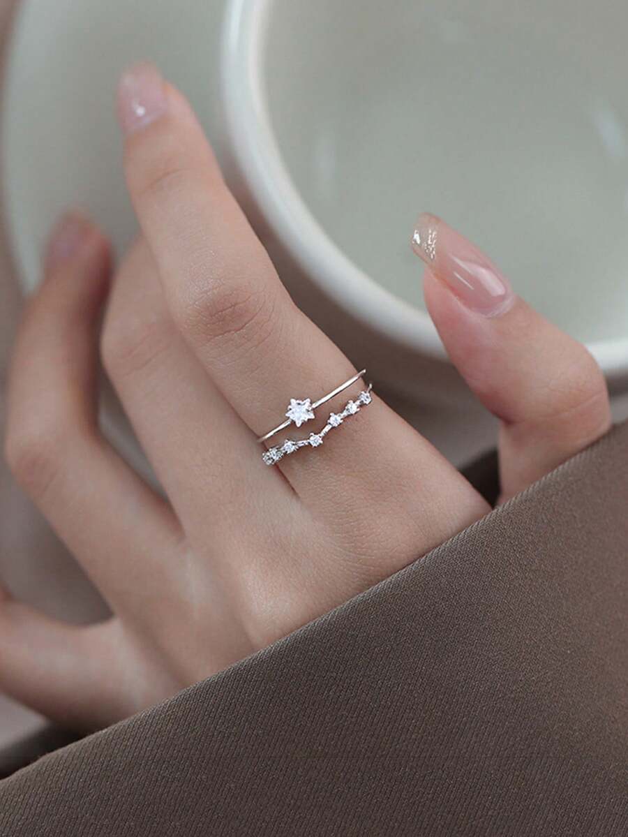 1 chiếc nhẫn hình ngôi sao hai lớp thời trang, nhẫn đeo ngón trỏ sang trọng nhẹ nhàng dành cho nữ, nhẫn điều chỉnh kích thước, trang sức bán sỉ - Bạc - Xem 1