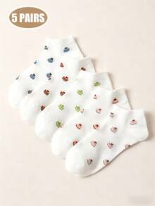 5 pares de calcetines cortos de malla con estampado de pastel para mujeres, lindos y transpirables para uso diario en verano - Multicolor - Ver 12