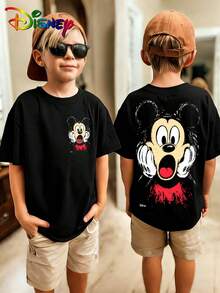 Disney Authorization - Summer Round Neck Short Sleeves For Youth And Boys - Graffiti Texture Surprise Mickey Mouse - Printed Pattern Design Round Neck T-Shirt, Pattern T-Shirt Pullover, Boys' Clothing, 180g Polyester Soft Fabric, Suitable For Boys To Return To School, Party, Outdoor, Travel Wear - màu đen - Xem 1