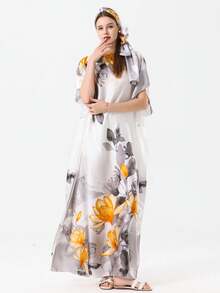 1pc Faux Silk Floral Print Robe With Scarf Set, Women Shawl Cardigan For Beach, Sun Protection, Daily Wear - Multicolor - View 2