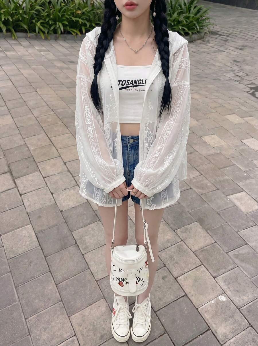 Rikumo Áo sơ mi nữ có mũ, mỏng nhẹ, thoáng khí, dáng rộng, chống nắng, màu trắng mùa hè. - trắng - Xem 1
