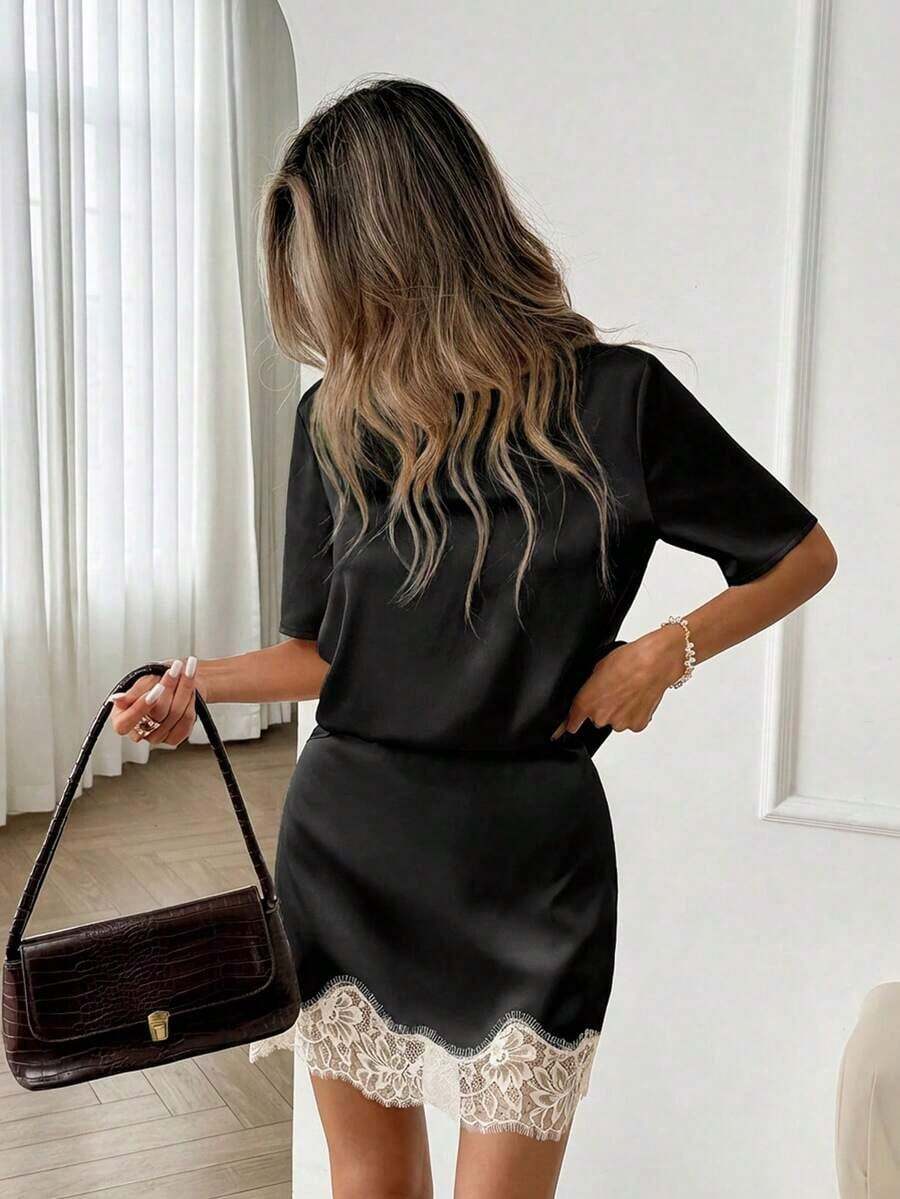 Crew Neck T-Shirt Top And Lace Patchwork A-Line Skirt Set, Silk Satin And Lace Patchwork Casual Loose Elegant Office Lady Style, Spring/Summer Women 2-Piece Set - Blanco y Negro - Ver 1