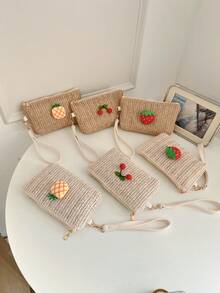 1pc Summer Fruit Decor Straw Clutch Bag, Refreshing Pineapple, Cherry, Strawberry Woven, Zipper Closure Coin Purse, Suitable For Vacation, Travel, Casual Daily Use - A - View 2