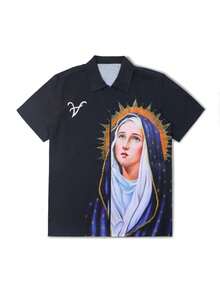 American Street Style Virgin Mary Print Short Sleeve Shirt, Men's Loose Fit Zip-Up Casual Top - Black - View 3